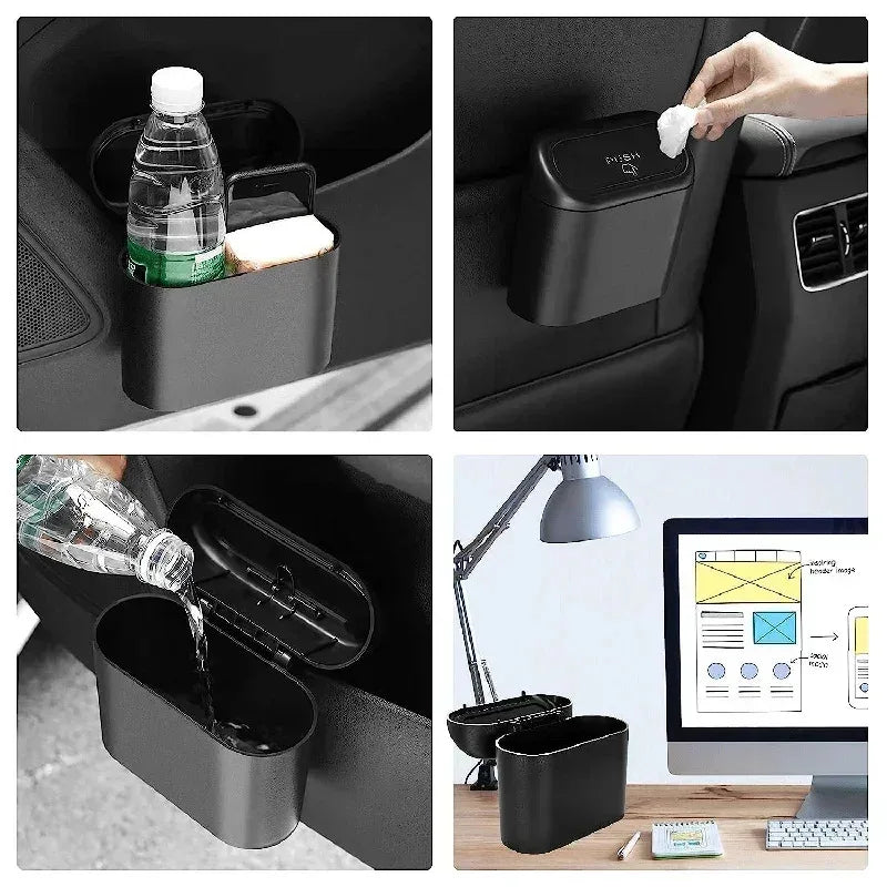 Compact Car Trash Can with Push Lid Leak-proof Portable Vehicle Garbage Bin with 60 Disposable Trash Bags for Car Interior